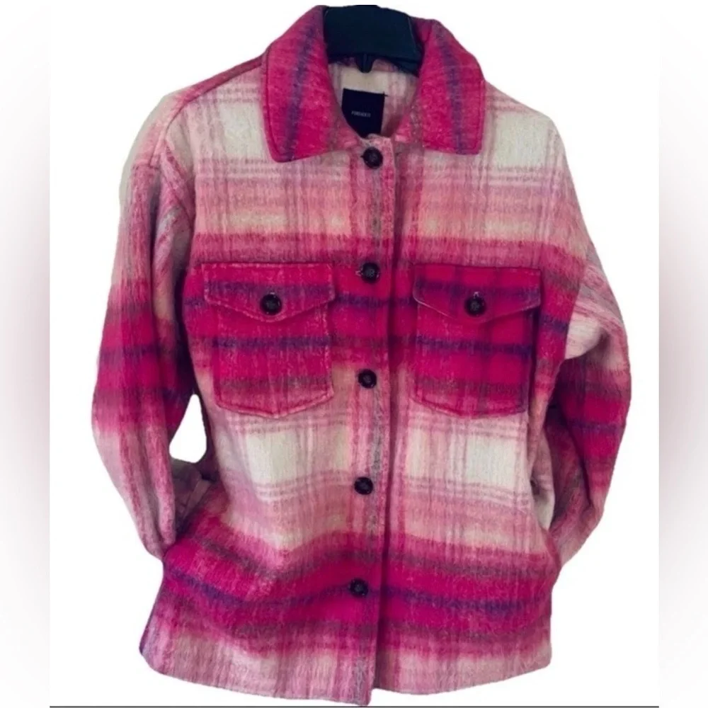Forever 21 Plaid Flannel Pink Oversized Jacket Wool Blend Women’s MEDIUM New